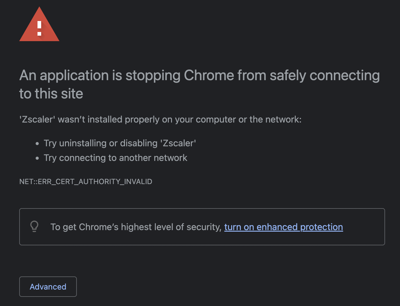 Error without trusted certificate /2022/deploy-zscaler-to-macos/zscaler-error-cert.png#center